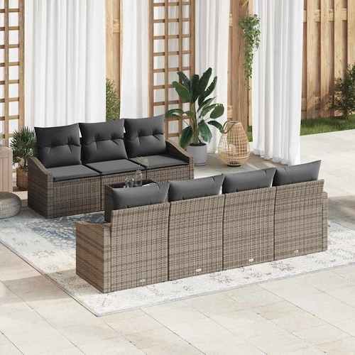 8 Piece Garden Dining Set with Cushions Grey Poly Rattan