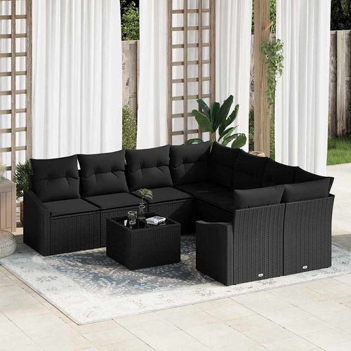 9 Piece Garden Dining Set with Cushions Black Poly Rattan