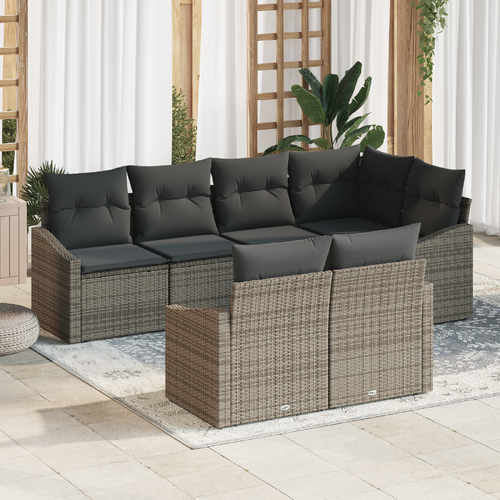 7 Piece Garden Dining Set with Cushions Grey Poly Rattan