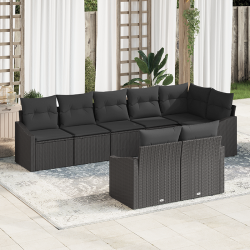 8 Piece Garden Dining Set with Cushions Black Poly Rattan