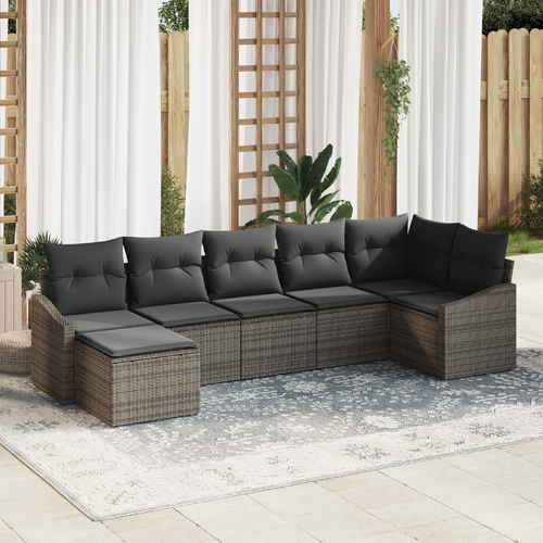 7 Piece Garden Dining Set with Cushions Grey Poly Rattan