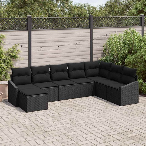 8 Piece Garden Dining Set with Cushions Black Poly Rattan