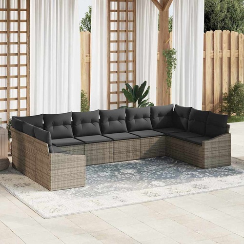 10 Piece Garden Dining Set with Cushions Grey Poly Rattan