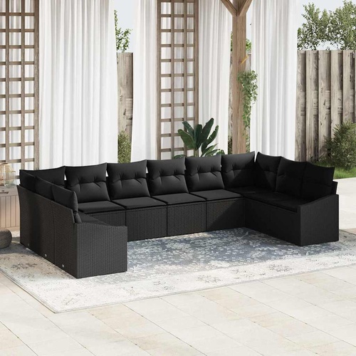 10 Piece Garden Dining Set with Cushions Black Poly Rattan