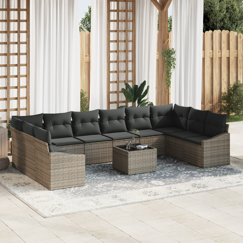 10 Piece Garden Dining Set with Cushions Black Poly Rattan