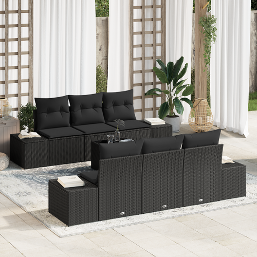 7 Piece Garden Sofa Set with Cushions Black Poly Rattan