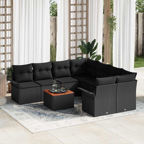 9 Piece Garden Sofa Set with Cushions Black Poly Rattan Acacia
