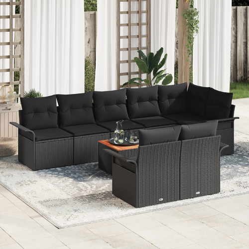 9 Piece Garden Sofa Set with Cushions Black Poly Rattan Acacia