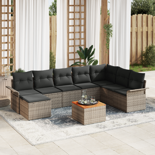 9 Piece Garden Sofa Set with Cushions Grey Poly Rattan Acacia