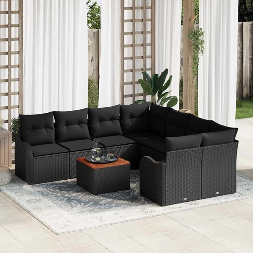9 Piece Garden Sofa Set with Cushions Black Poly Rattan Acacia