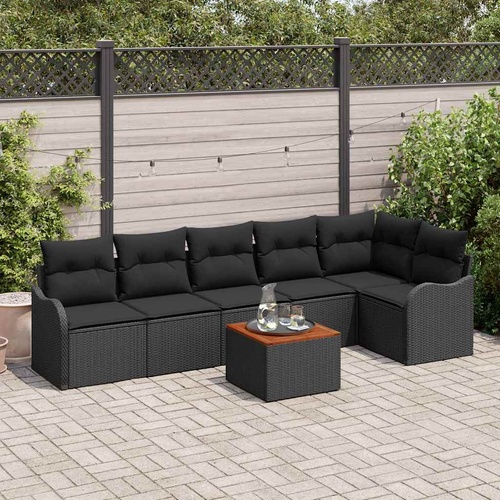 7 Piece Garden Sofa Set with Cushions Black Poly Rattan Acacia