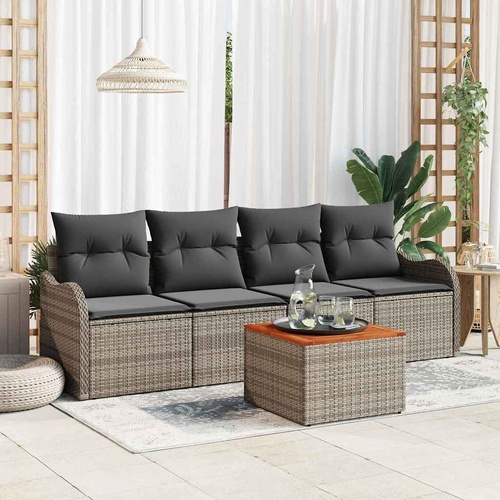 5 Piece Garden Sofa Set with Cushions Grey Poly Rattan Acacia