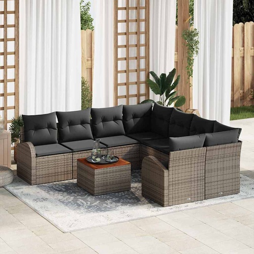 9 Piece Garden Sofa Set with Cushions Grey Poly Rattan Acacia