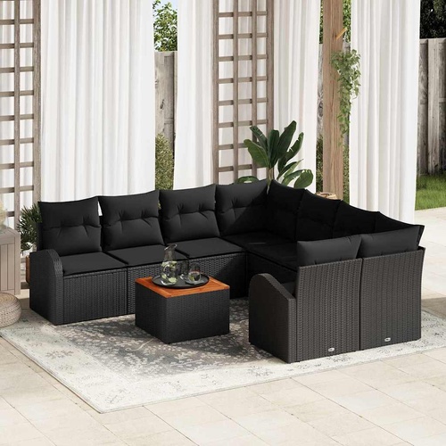 9 Piece Garden Sofa Set with Cushions Black Poly Rattan Acacia