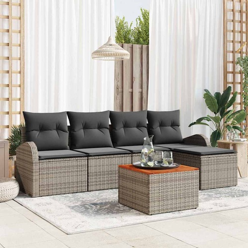 6 Piece Garden Sofa Set with Cushions Grey Poly Rattan Acacia