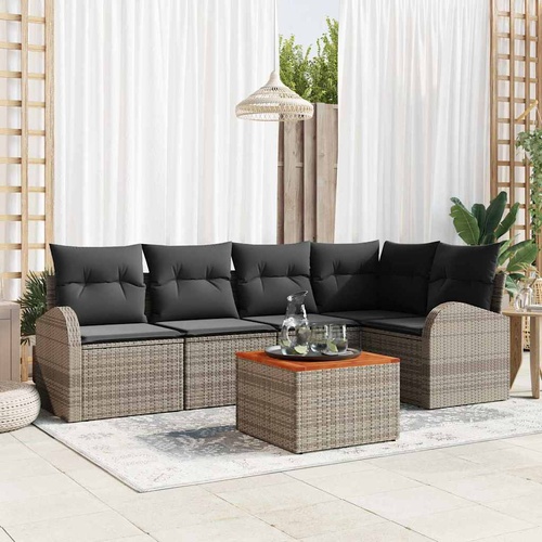 6 Piece Garden Sofa Set with Cushions Grey Poly Rattan Acacia