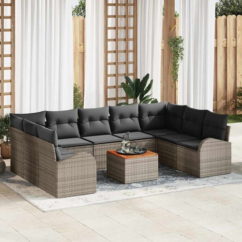 10 Piece Garden Sofa Set with Cushions Grey Poly Rattan Acacia