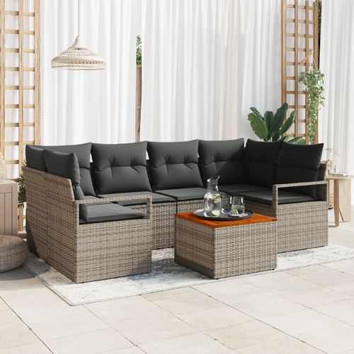 7 Piece Garden Sofa Set with Cushions Grey Poly Rattan Acacia