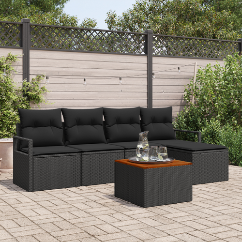 6 Piece Garden Sofa Set with Cushions Black Poly Rattan Acacia