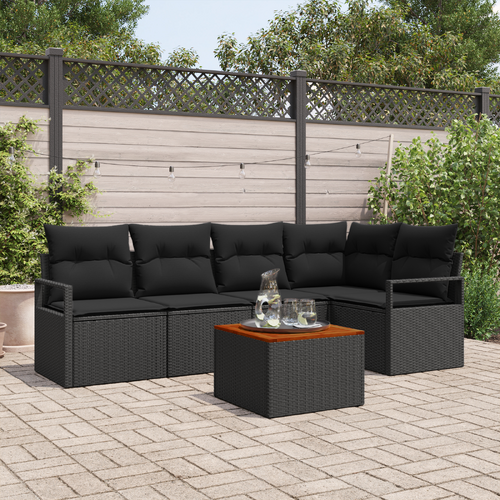 6 Piece Garden Sofa Set with Cushions Black Poly Rattan Acacia