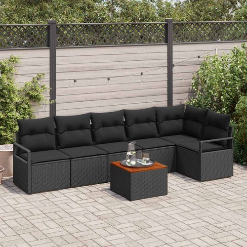 7 Piece Garden Sofa Set with Cushions Black Poly Rattan Acacia