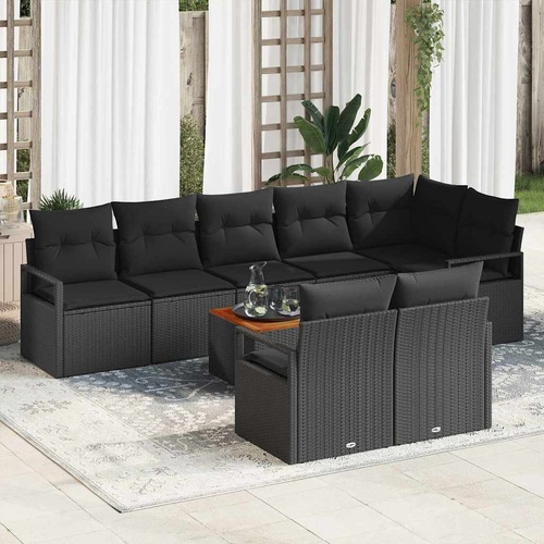 9 Piece Garden Sofa Set with Cushions Black Poly Rattan Acacia