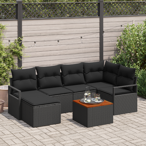 7 Piece Garden Sofa Set with Cushions Black Poly Rattan Acacia