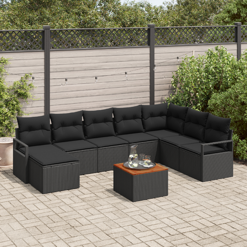 9 Piece Garden Sofa Set with Cushions Black Poly Rattan Acacia
