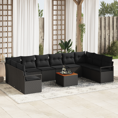 11 Piece Garden Sofa Set with Cushions Black Poly Rattan Acacia