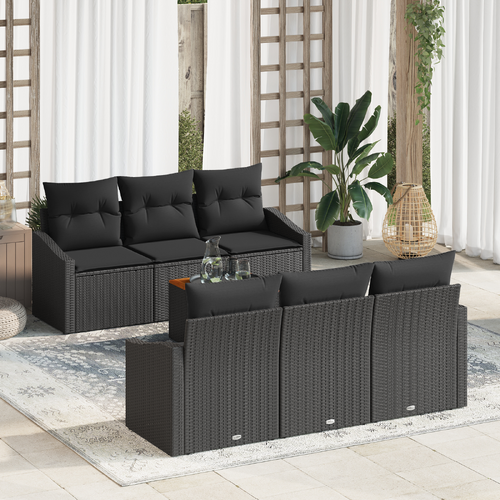 7 Piece Garden Sofa Set with Cushions Black Poly Rattan Acacia