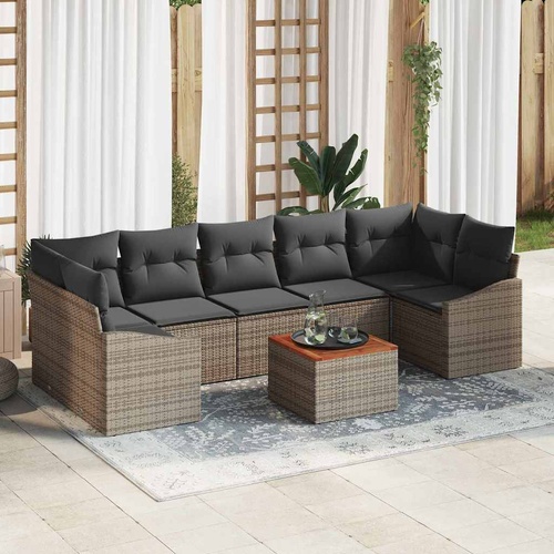 8 Piece Garden Sofa Set with Cushions Grey Poly Rattan Acacia