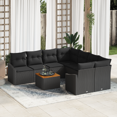 9 Piece Garden Sofa Set with Cushions Black Poly Rattan Acacia