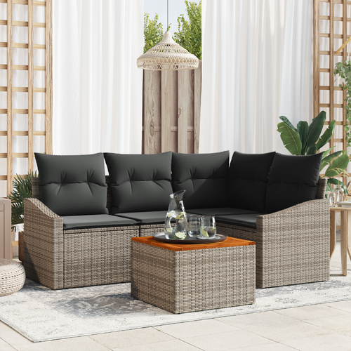 5 Piece Garden Sofa Set with Cushions Grey Poly Rattan Acacia