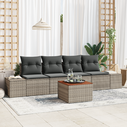 5 Piece Garden Sofa Set with Cushions Grey Poly Rattan Acacia