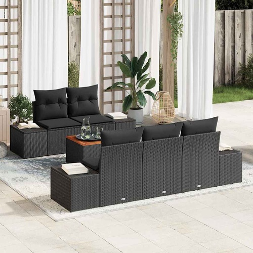 6 Piece Garden Sofa Set with Cushions Black Poly Rattan Acacia
