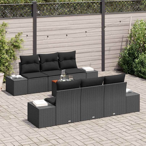 7 Piece Garden Sofa Set with Cushions Black Poly Rattan Acacia