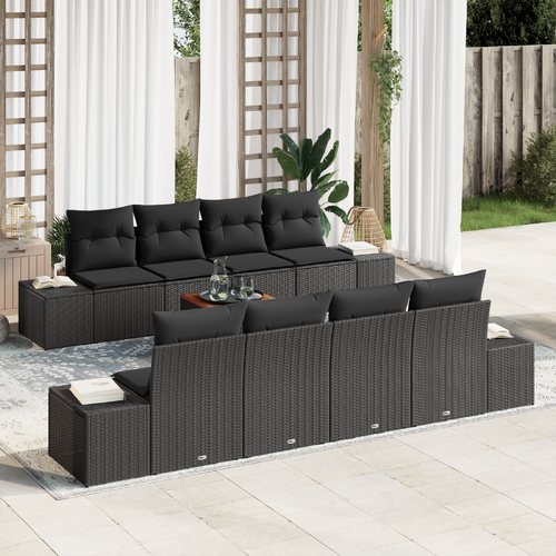 7 Piece Garden Sofa Set with Cushions Black Poly Rattan Acacia