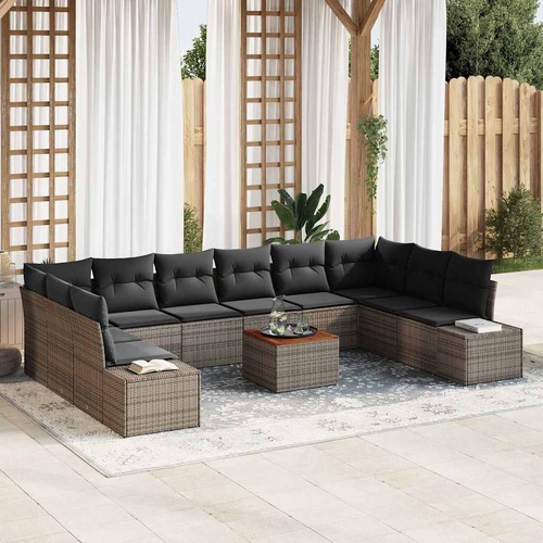 11 Piece Garden Sofa Set with Cushions Grey Poly Rattan Acacia