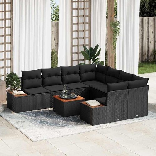 9 Piece Garden Sofa Set with Cushions Black Poly Rattan Acacia
