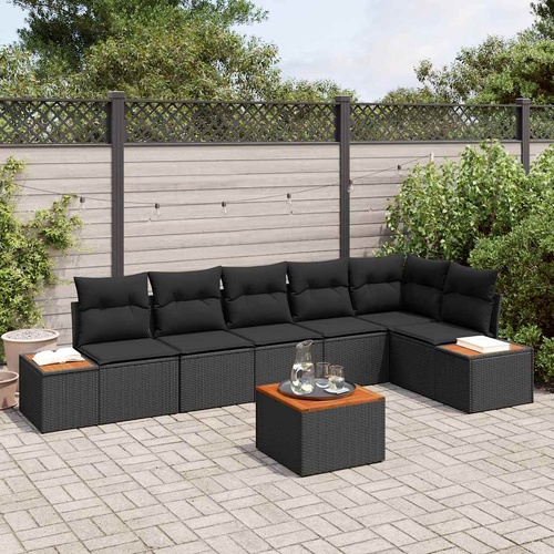 7 Piece Garden Sofa Set with Cushions Black Poly Rattan Acacia