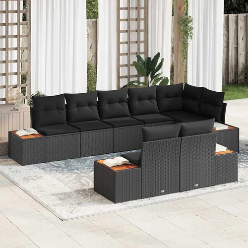 8 Piece Garden Sofa Set with Cushions Black Poly Rattan Acacia