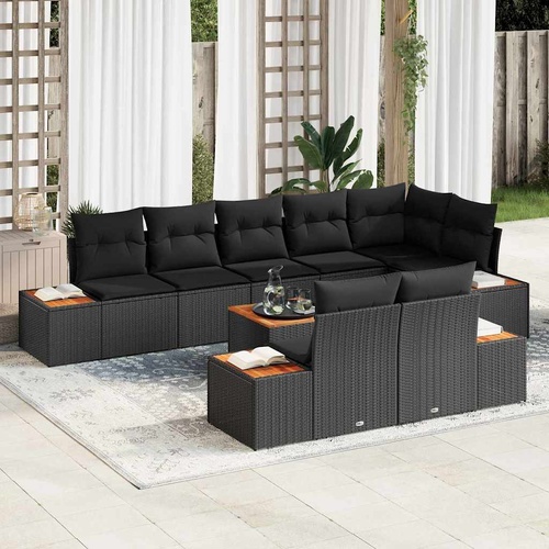 9 Piece Garden Sofa Set with Cushions Black Poly Rattan Acacia