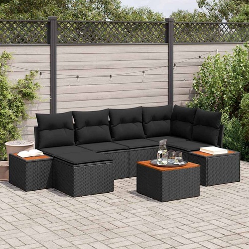 7 Piece Garden Sofa Set with Cushions Black Poly Rattan Acacia
