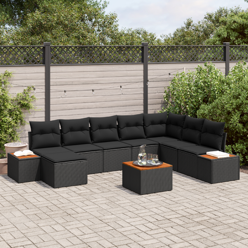 9 Piece Garden Sofa Set with Cushions Black Poly Rattan Acacia