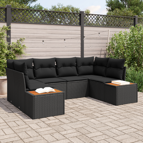 6 Piece Garden Sofa Set with Cushions Black Poly Rattan Acacia