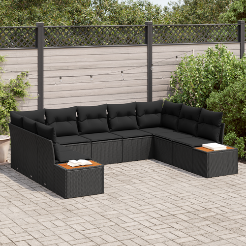 5 Piece Garden Sofa Set with Cushions Black Poly Rattan Acacia