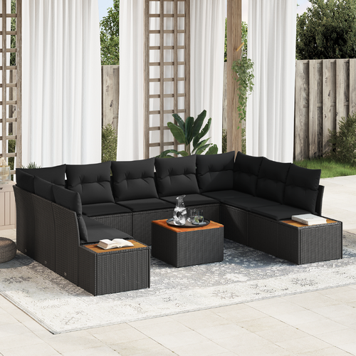 6 Piece Garden Sofa Set with Cushions Black Poly Rattan Acacia