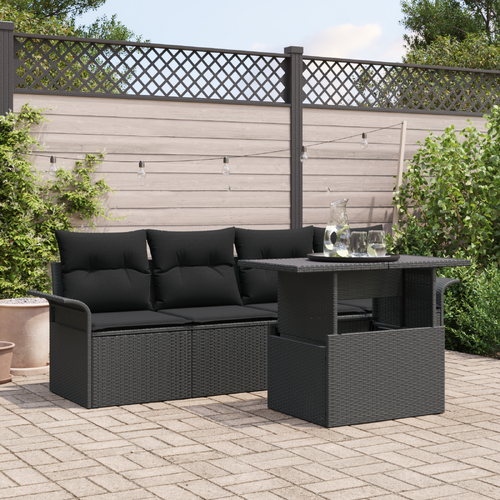 5 Piece Garden Sofa Set with Cushions Black Poly Rattan