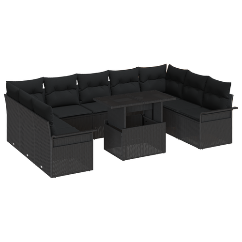 10 Piece Garden Sofa Set with Cushions Black Poly Rattan