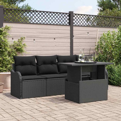 5 Piece Garden Sofa Set with Cushions Black Poly Rattan